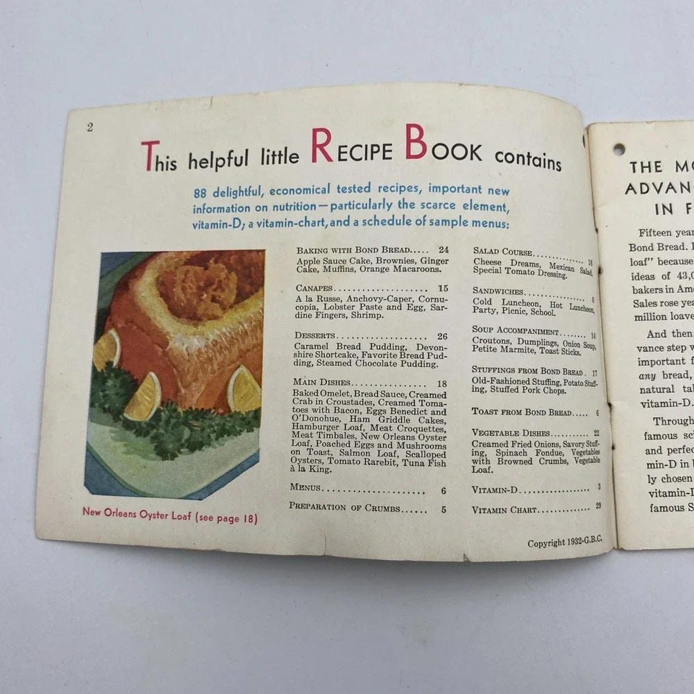 Bond Bread Recipe Cook Book 1932 Main Dishes Desserts‎ Canapes School Lunches